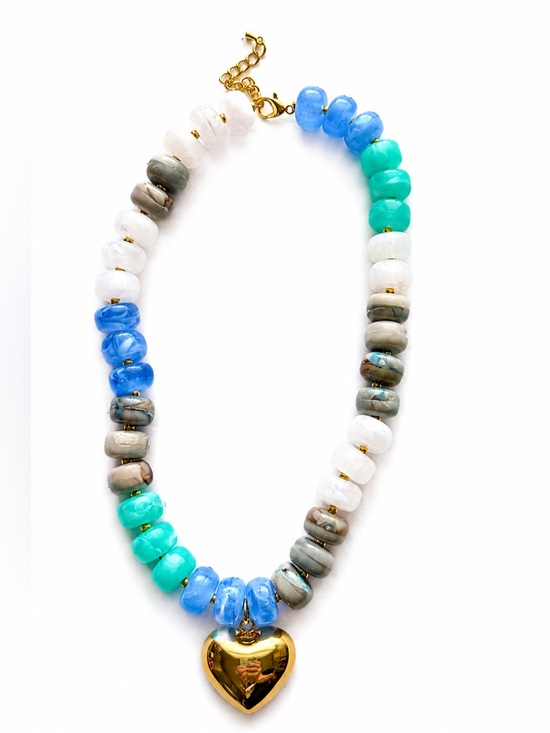 Jewelry - Chunky Beaded Necklace with Gold Heart Pendant- Blue, Turquoise, Multicolor